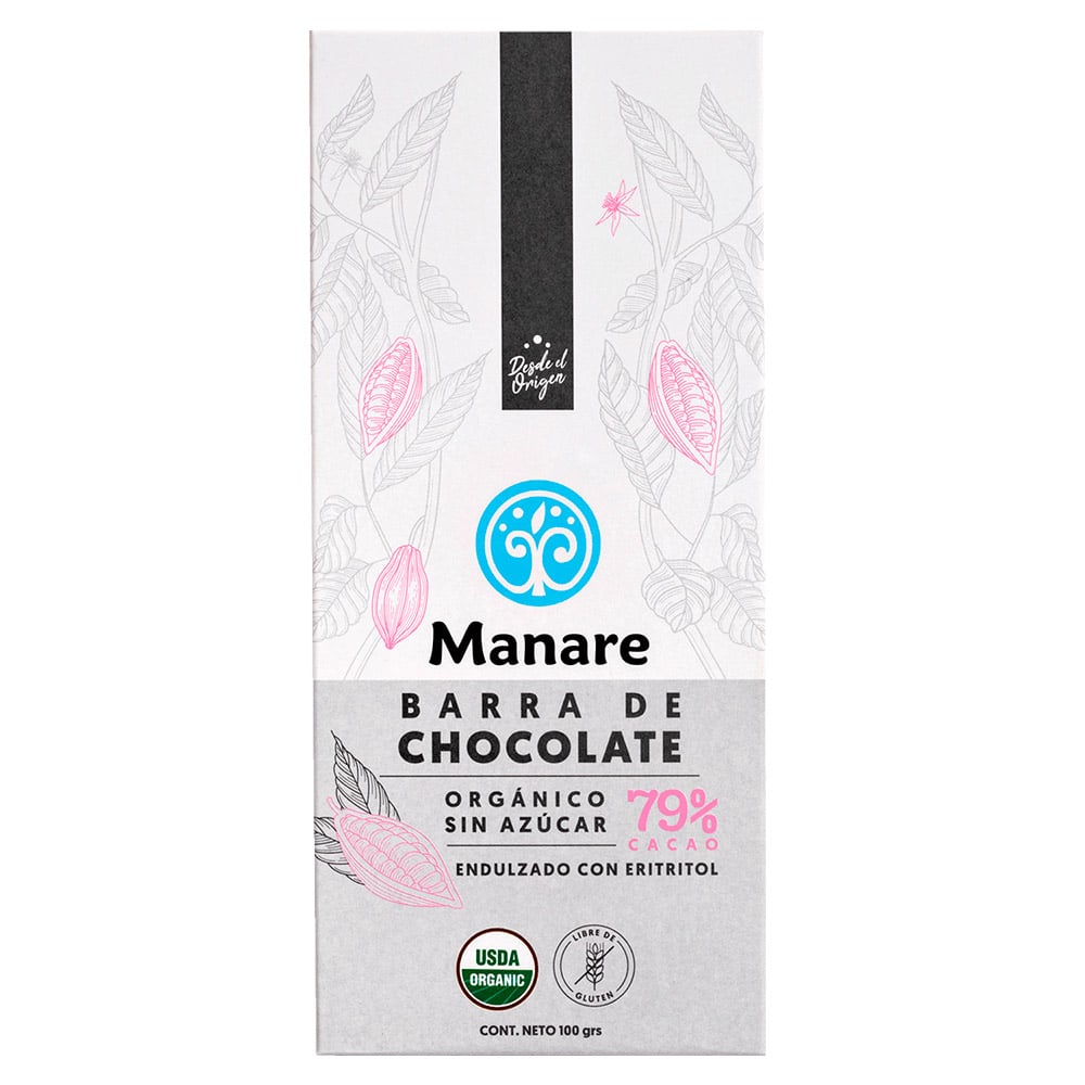 Chocolate sin azúcar orgánico 79% cacao Manare Frontal