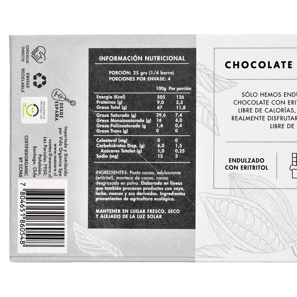 Chocolate sin azúcar orgánico 79% cacao Manare Info Nutricional