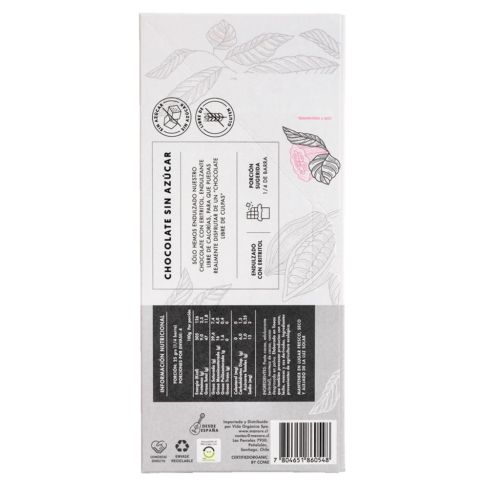 Chocolate sin azúcar orgánico 79% cacao Manare Posterior