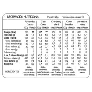 Smart Snack Energy Ball 200g Contenido Nutricional