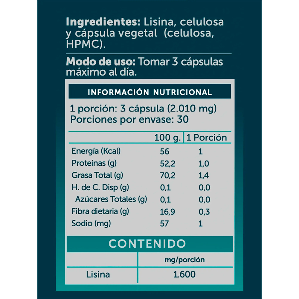 Lisina Pure 90 Capsulas Contenido